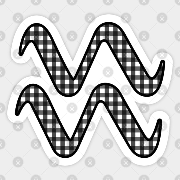 Aquarius Zodiac Horoscope Symbol in Black and White Gingham Pattern Sticker by bumblefuzzies